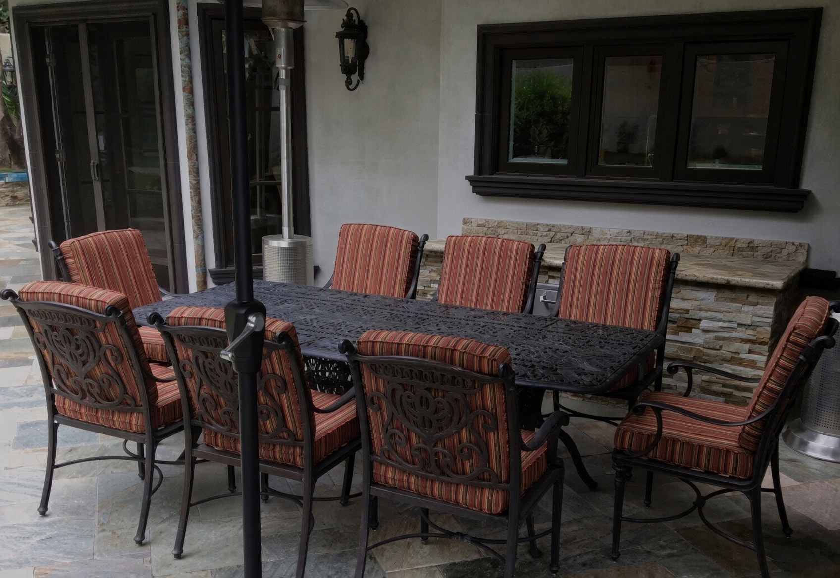 Striped Sunbrella seat and back cushions